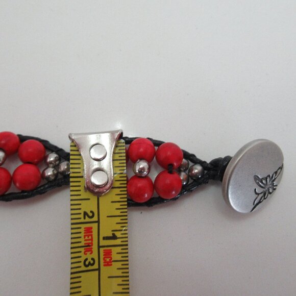 7" - 8" Red and Silver BEADED Flower Pattern w/ Leather BRACELET NEW Size M/L - Picture 7 of 7